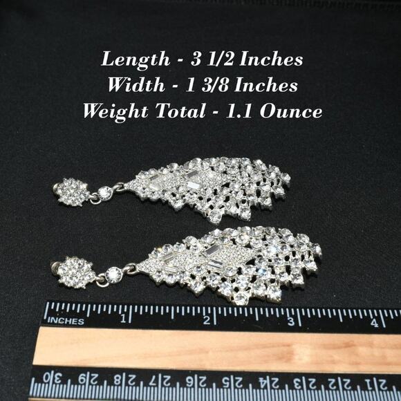 Vintage Long Rhinestone Wedding Earrings, Formal Bling 3 1/2 Inch Posts, 1990s - Picture 6 of 12